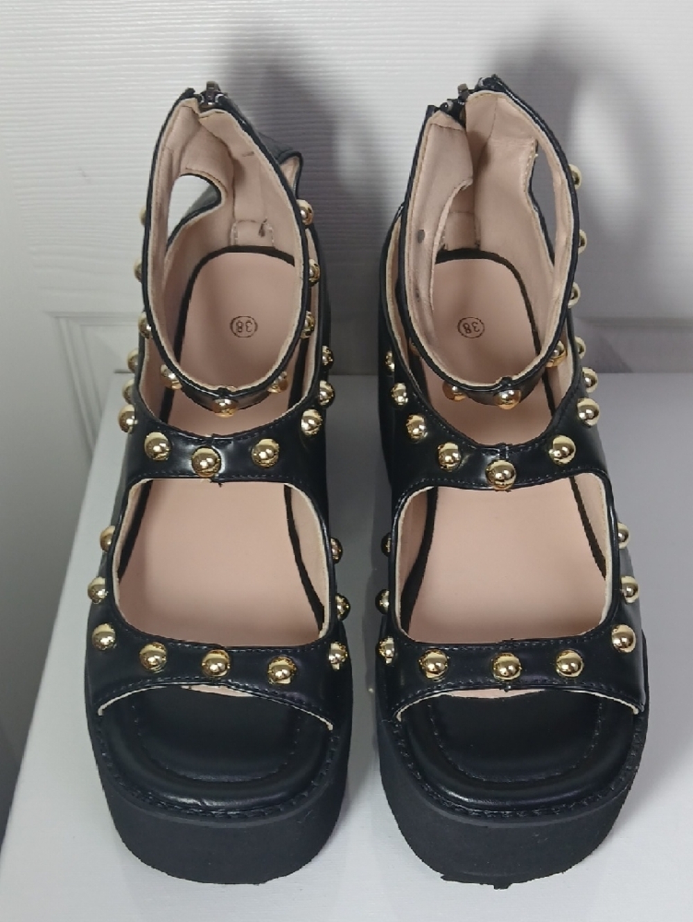 Black Studded Steampunk Goth Chunky Platform Open Toe Ankle‎ Strap Sandals